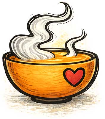 Drawing of bowl of soup with heart on bowl